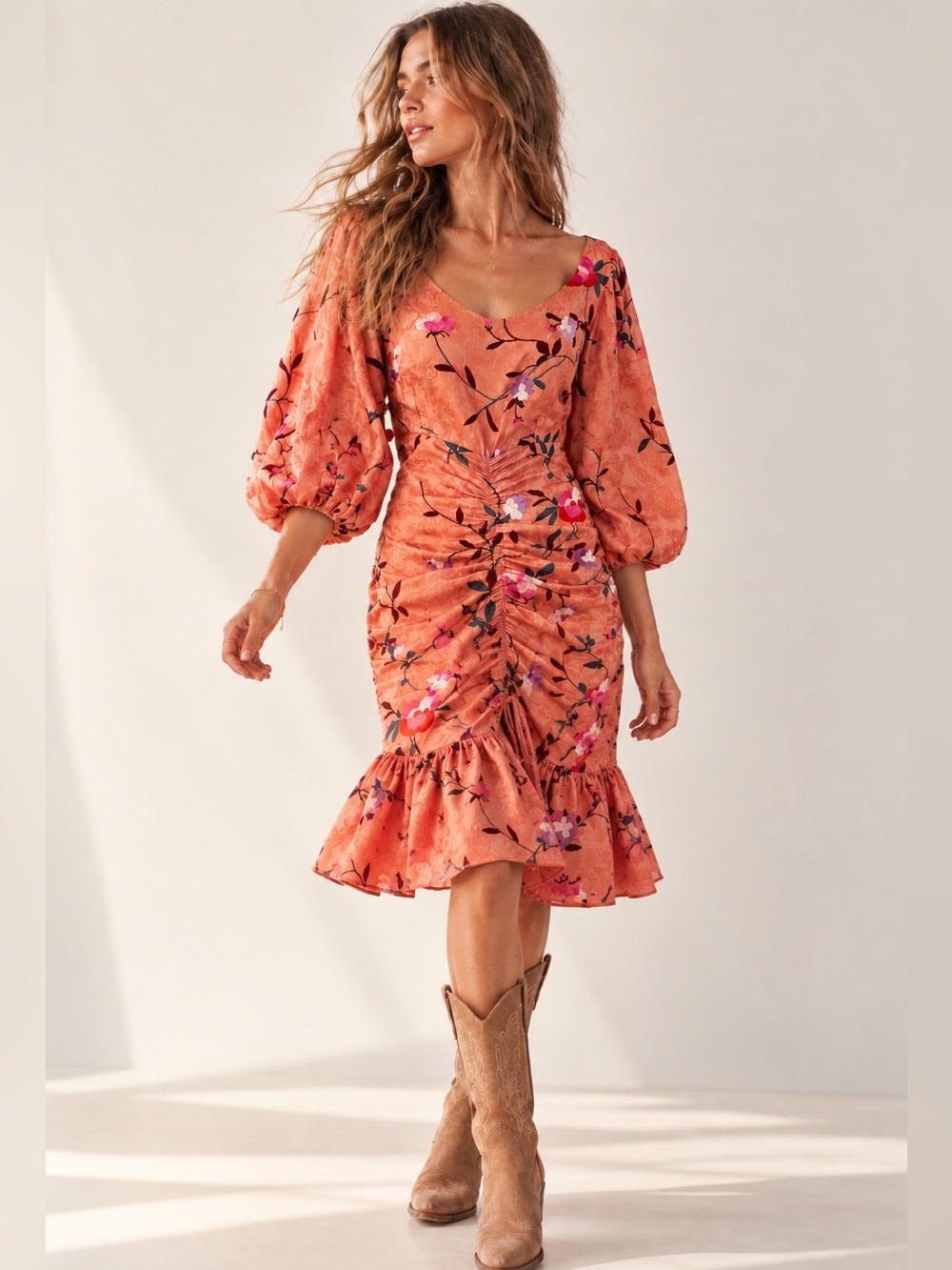 By Timo 3/4 Sleeve Ruched Jacquard Embroidered Floral Dress Blush Pink L NWT